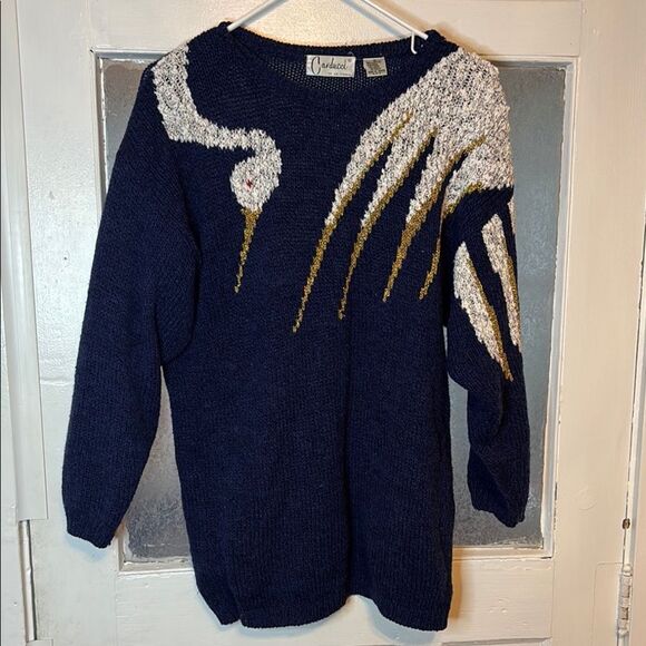 Vintage Carducci Women’s Navy Sweater with Crane Design Size Medium - Picture 1 of 6